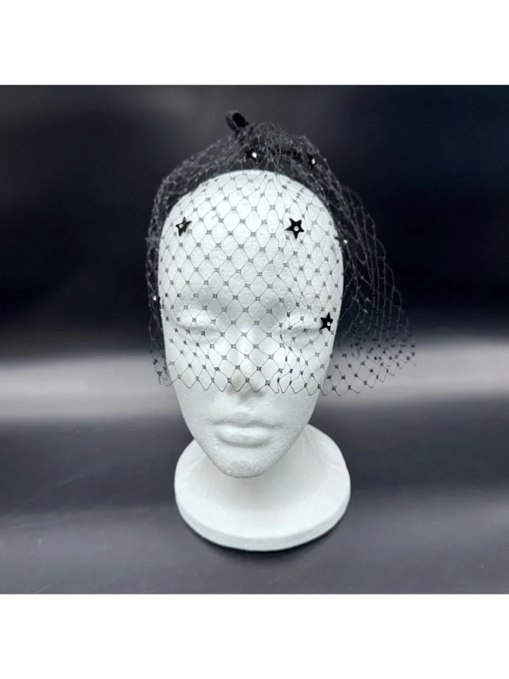 Vintage Black Veil Stars Bows Mid Century Headpiece Costume Accessory Retro Chic - Picture 2 of 9